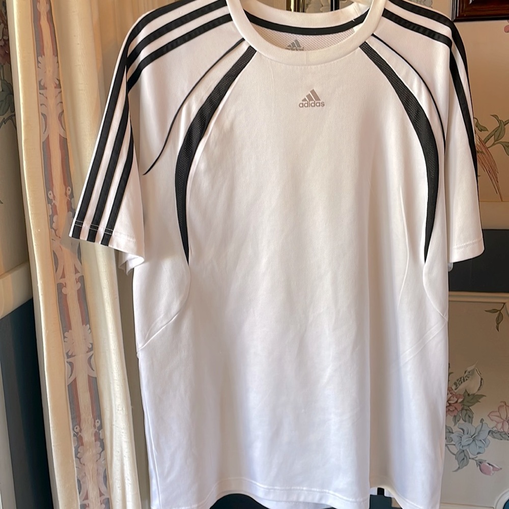 Adidas Logo Graphic White/Black Trim Athletic Sz. L large Shirt wicking striping